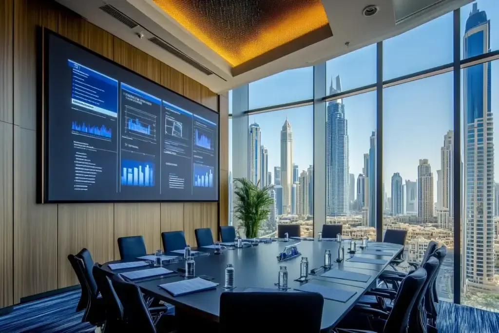 Boardroom with Abu Dhabi skyline views in Aegis Coworking business centre, ADGM